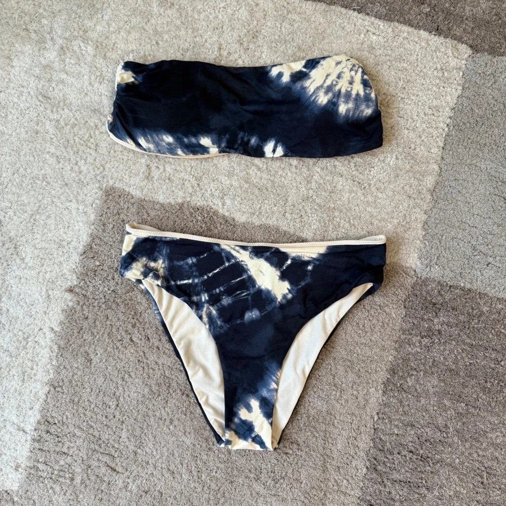 Envy Swimwear Womens Navy Blue Cream Tie Dye Bandeau High Waist Bikini Size S
